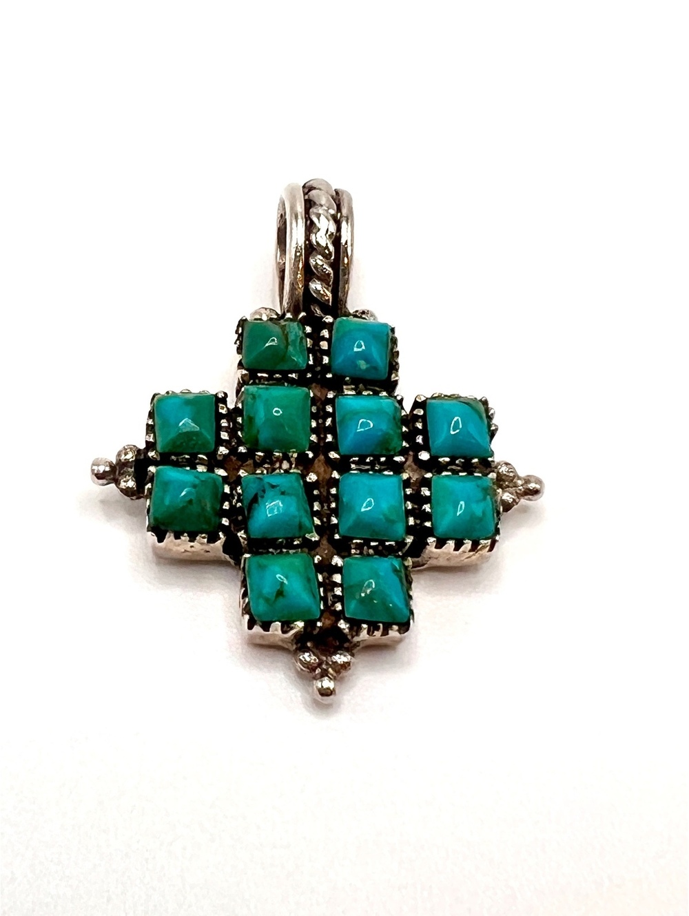 925 Sterling Silver Turquoise Cross Pendant 12 Stone Southwestern